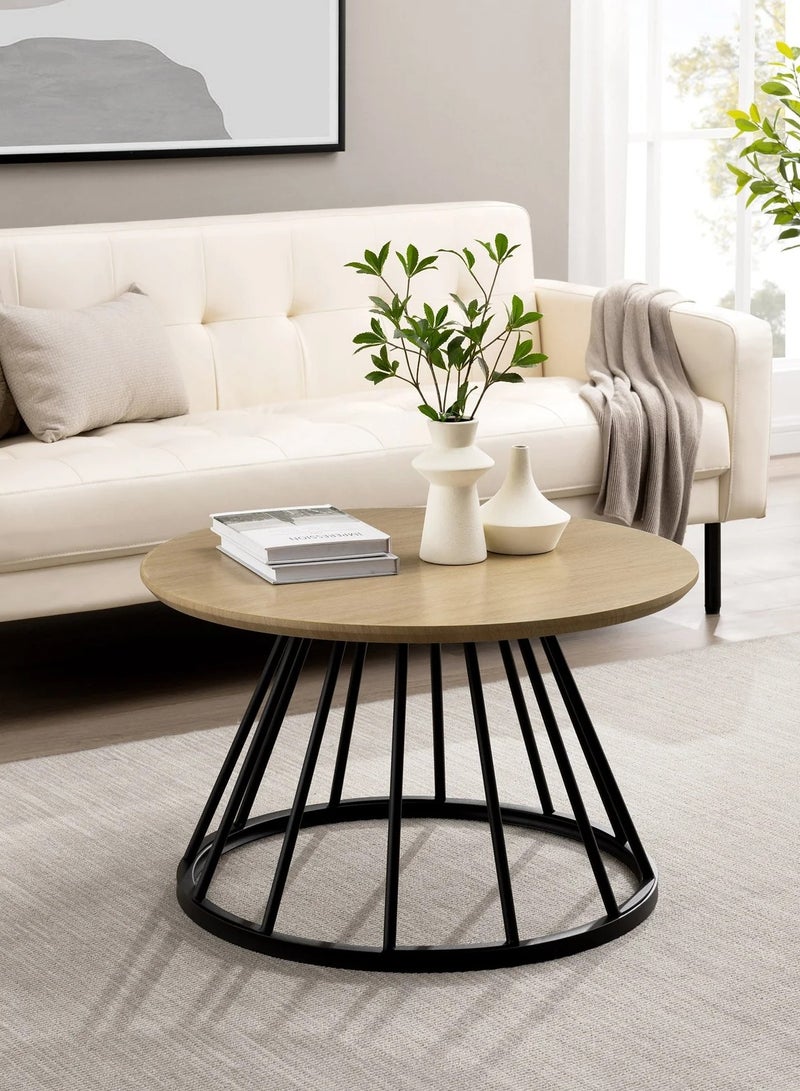 Mobellya Round Coffee Table with wooden top and Black Metal Cage Base - Minimalist Design - Image 1